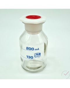 Weithalsflasche (Natronlaugeglas) mit Verschluss, Marken bei 130+200 ml